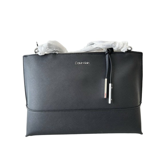 Calvin Klein Black Leather Tote Bag: Elegant Style, Functional Design MSRP $258